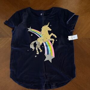 GAP Navy T-Shirt with Gold Unicorn and Rainbow